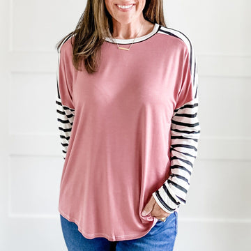 HANNAH STRIPED SLEEVES TOP (DUSTY ROSE)
